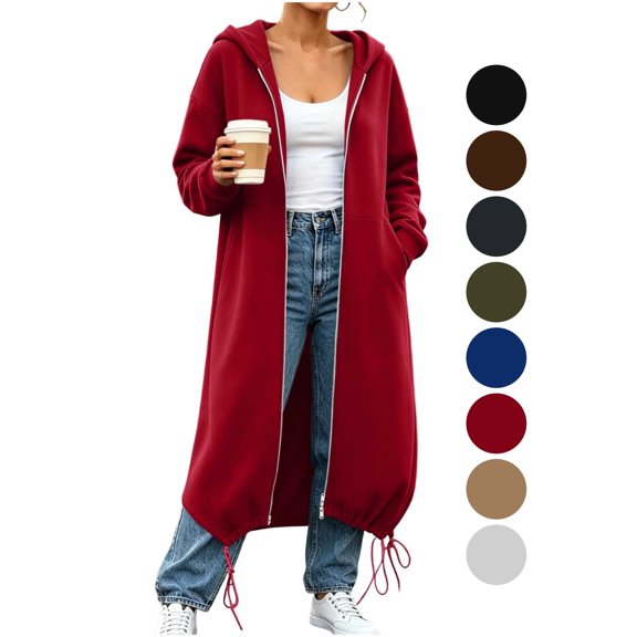 Women's Long Maxi Zip Up Hoodie Two-Way Zipper Oversized Sweatshirt Coat with Drawstring Hem