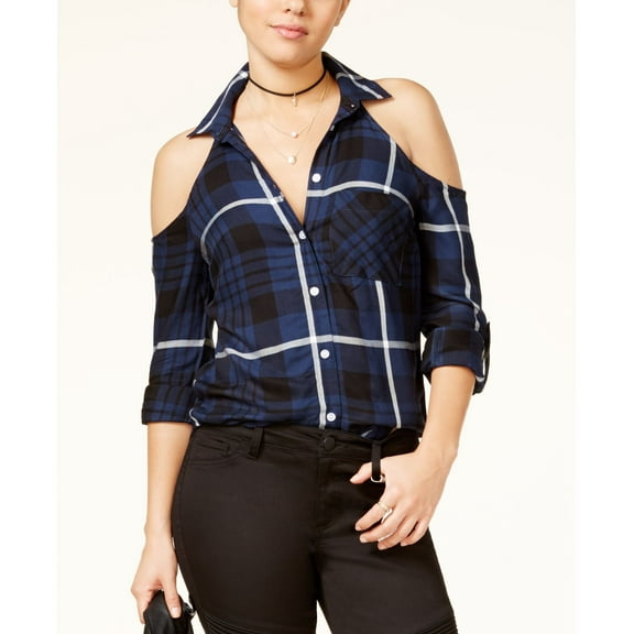 7 Sisters Juniors Cold Shoulder Plaid Shirt Navyblack S