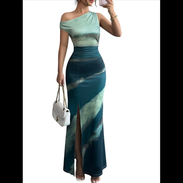 Vestido Tie Dye para Mujer, Sin Mangas, Fruncido, con Hombros Descubiertos y Ajustado Verde XL