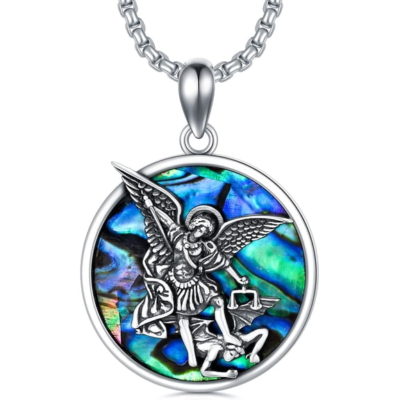 Dorunmo Saint Michael Necklace with Abalone Shell 925 Sterling Silver Archangel Medal Religious Protector Pendant Talisman Jewelry Gifts for Men Women