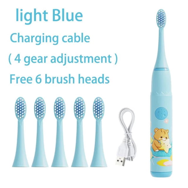 Cepillo de dientes eléctrico para niños, dibujos animados, con cabezal de repuesto, ultrasónico, IPX7, resistente al agua, recargable, sónico