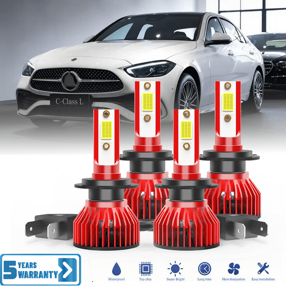 Fit for Mercedes-Benz C230 2002-2009 – H7 H7LL LED Headlight Combo 4 Pack, 6,500K Cool White 30,000LM Super Bright, Premium LED High Low Beam Lamp Upgrade Set