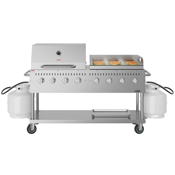 60 in. 8-Burner Commercial Outdoor Propane Gas Grill with 30 in. Roll Dome Cover and 30 in. Griddle in Stainless-Steel, ETL Listed (CGKIT6-D30G30)