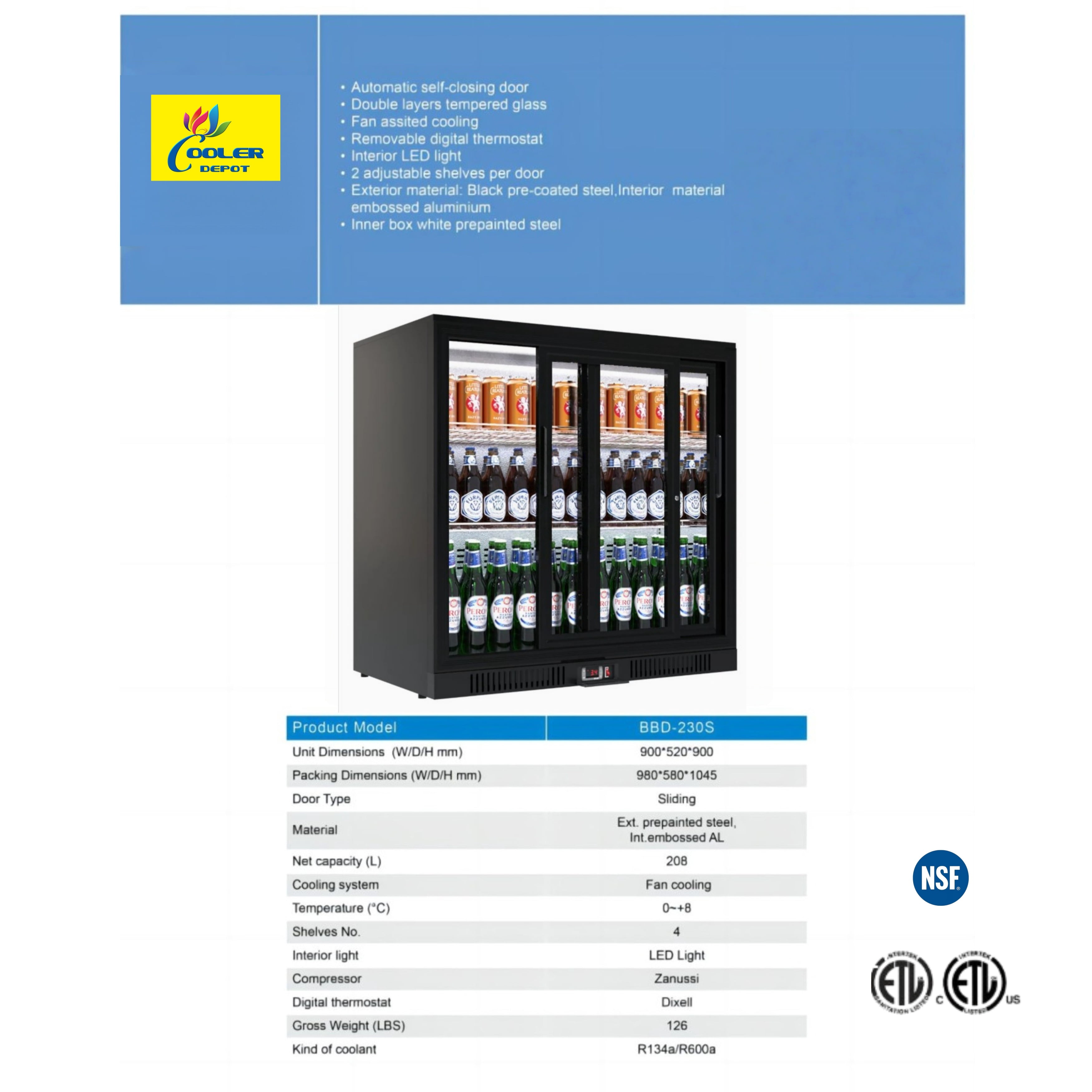 Cooler Depot 36” Back Bar Cooler NSF Beverage Merchandiser, Sliding Door, 7.4 cu ft