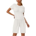 thumbnail image 1 of Camisas de Color Sólido para las Mujeres Cuello Redondo Manga Corta, Elástico de la Cintura Dibujo Cuerda Bolsillo Pantalones Cortos Conjunto, 1 of 6