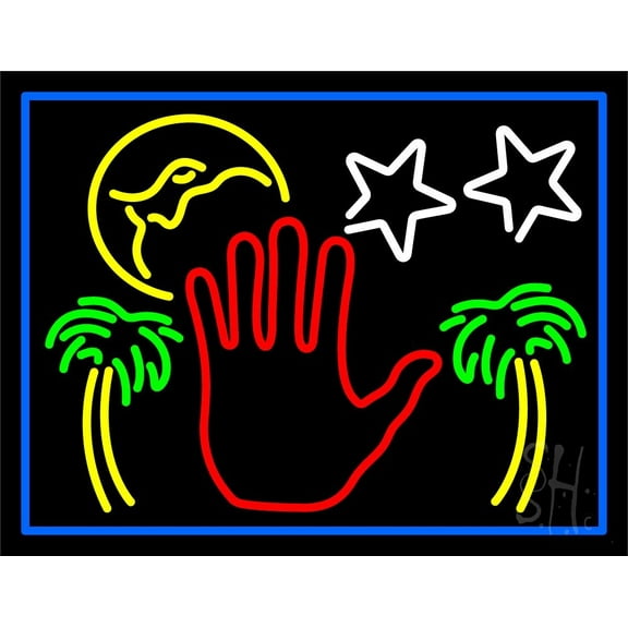 Red Palm Logo Psychic Blue Border LED Neon Sign 24" Tall x 31" Wide - inches Black Square Cut Acrylic Backing, with Dimmer - Bright and Premium built indoor LED Neon Sign for Storefront.