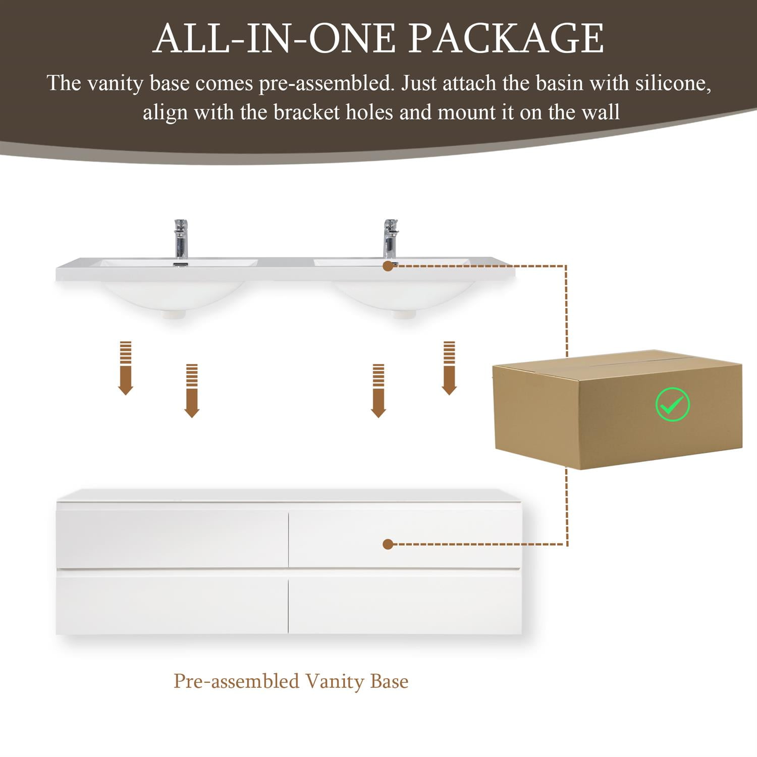 Demi Bonn 72" Floating Bathroom Vanity with Sink, Double Resin Top Basin and 4 Soft Close Drawers, Faucets and Drains Not Included, White