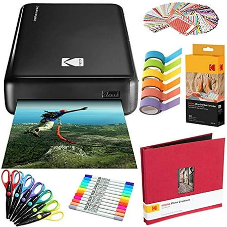 Kodak Mini2 Instant Photo Printer (Black) Art Bundle + Paper (20 Sheets) + 8x8 Cloth Scrapbook + 12 Twin Tip Markers + 100 Border Stickers + 6 Decorative Scissors + Washi Tape