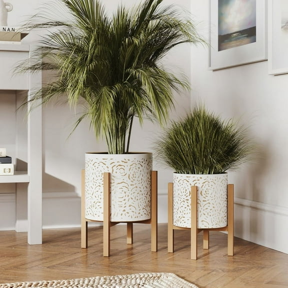 2-Piece Floral Metal Planter Pot With 4-Leg Wood Base - White & Gold - 14.75"H x 12"W / 12"H x 10"W