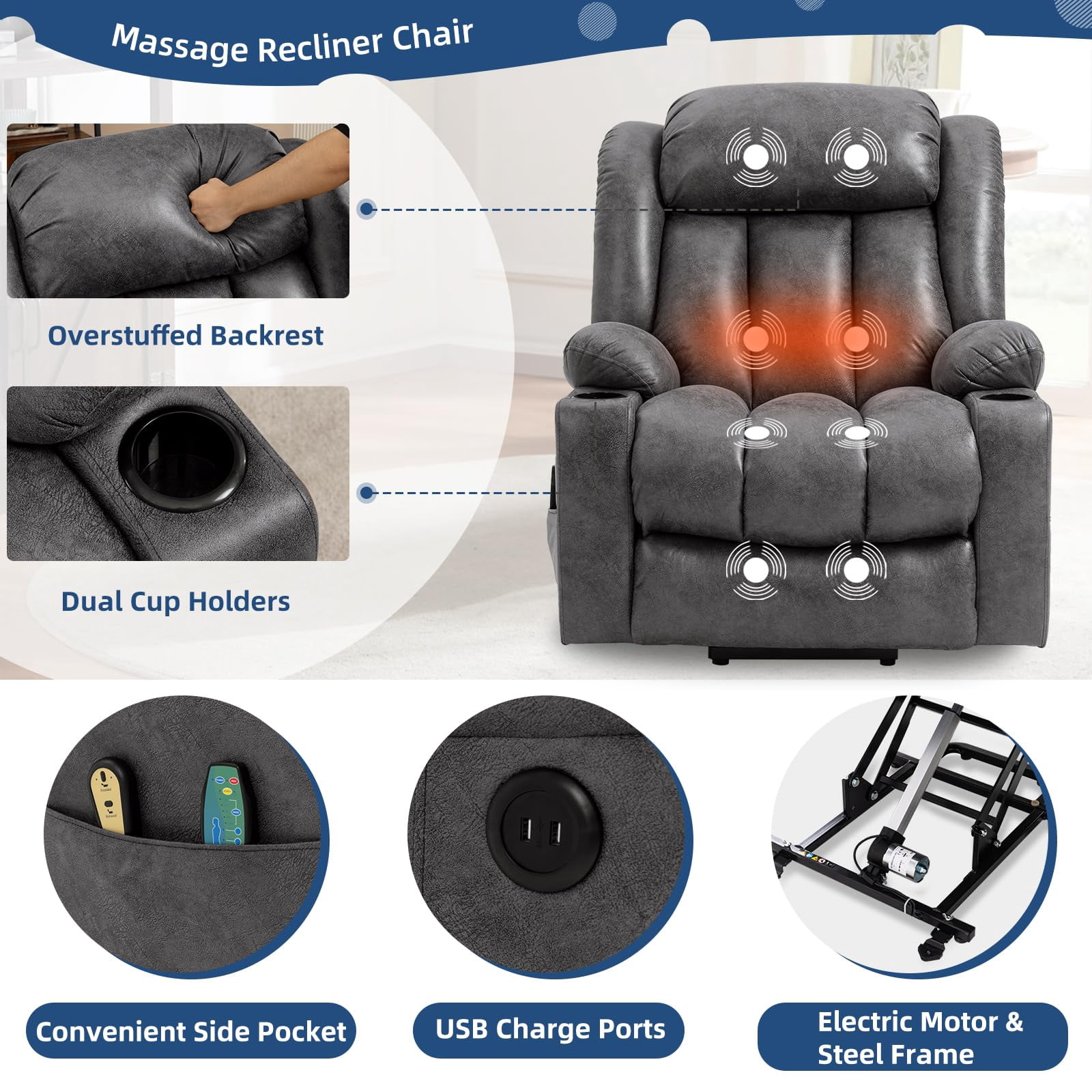 SOCIALCOMFY Large Electric Power Lift Recliner Chair with Extended Footrest for Elderly Big Man, Overstuffed Wide Massage Lounge Chairs with Heat, 2 Cup Holders, Side Pockets & USB Ports, Gray