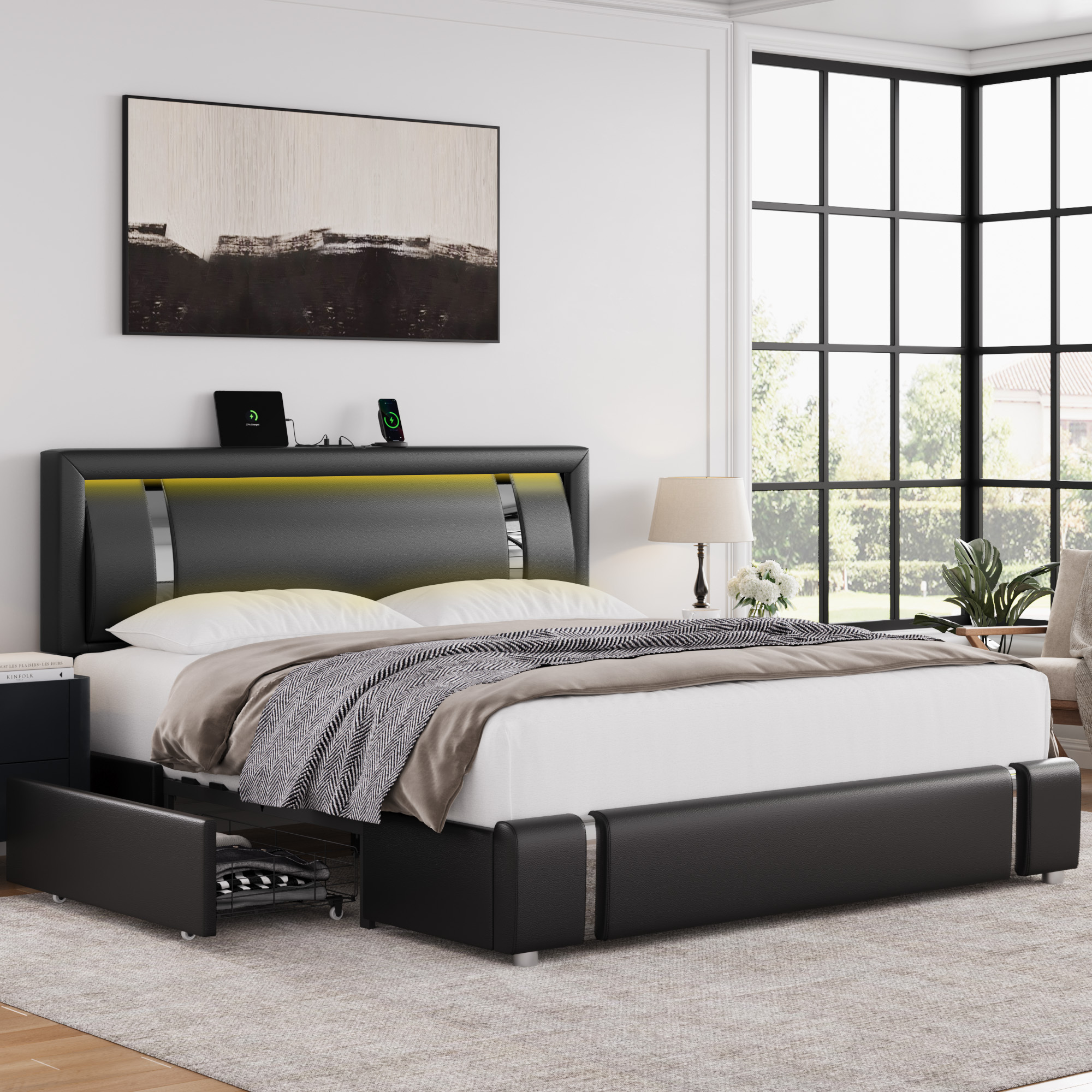 Homfa King Size LED Bed Frame with 2 Storage Drawers, Modern Leather Upholstered Platform Bed Frame with Adjustable Headboard, Black - image 5 of 11