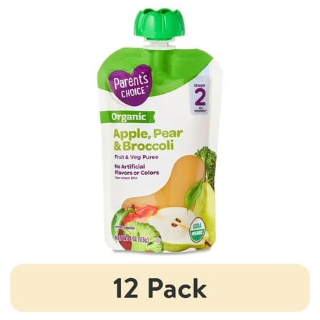 (12 pack) Parent's Choice Organic Stage 2 Baby Food Apple, Pear, and Broccoli Puree, 4 oz Pouch