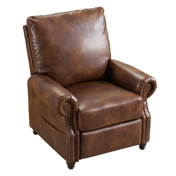 Pushback Recliner Chair with Massage and Heat , Breathable Leather Recliner Chair with Overstuffed Backrest and Rivet Decoration for Living Room ,Light Brown