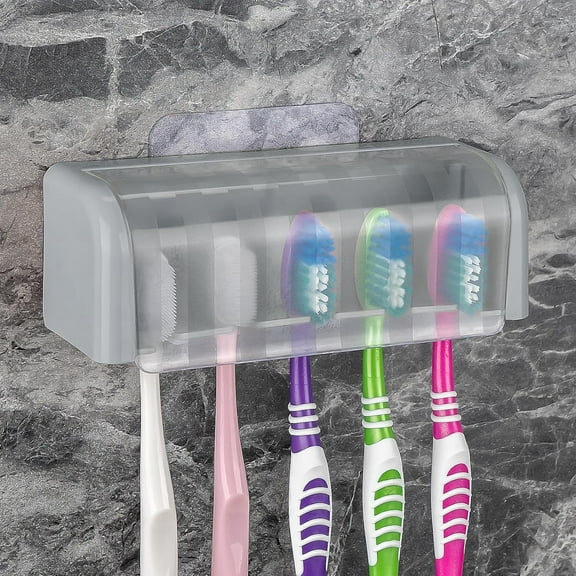 5 Slots Wall Mount Toothbrush Holder with Cover, Self Adhesive Toothbrush Storage Organizer for Shower, Toothbrush Hanger for Bathroom, Medicine Cabinet, Dorm (Grey)