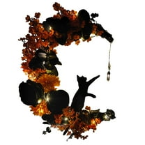 Halloween Moon Cat Wreath with Lights, Home Decoration Wreath for Hanging, Fall Outdoor Floral Hoop Home Gift, Halloween Party Wall Decorations for Cat Lovers