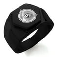 thumbnail image 1 of Stainless Steel All Seeing Eye Emblem Engraved Hexagon Crest Flat Top Biker Style Polished Ring, 1 of 1