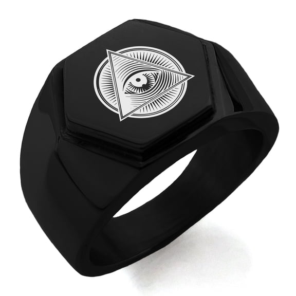 Stainless Steel All Seeing Eye Emblem Engraved Hexagon Crest Flat Top Biker Style Polished Ring