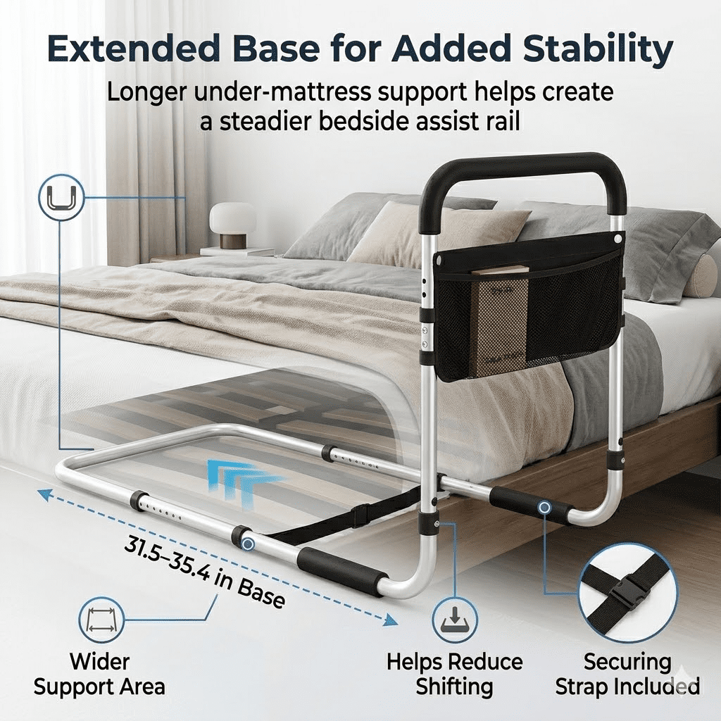 Bed Rails for Elderly Adults, Adjustable Bed Assist Rail for Seniors with Non-Slip Foam Handle, 300 lbs Bedside Safety Rail with Extended Base, Mesh Pocket & Securing Strap for Queen King Twin Beds