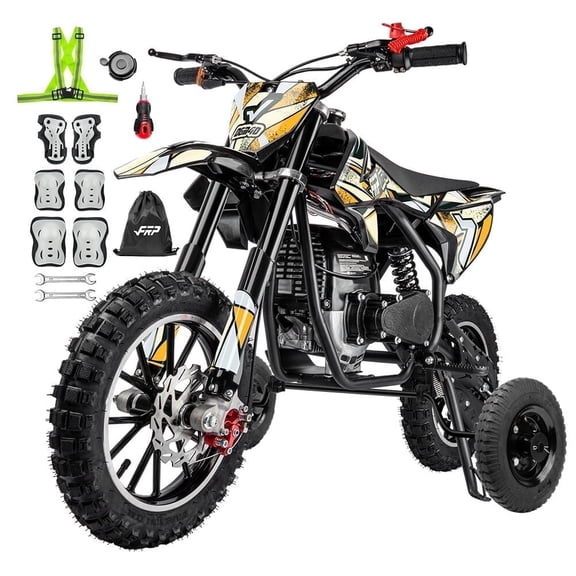 FRP FX40 40cc 4-Stroke Gas Powered Dirt Bike with Training Wheels, Safety Kill Switch, Max Speed 20 MPH, Front & Rear Disc Brakes, Stability Enhancement, EPA Certified - Yellow