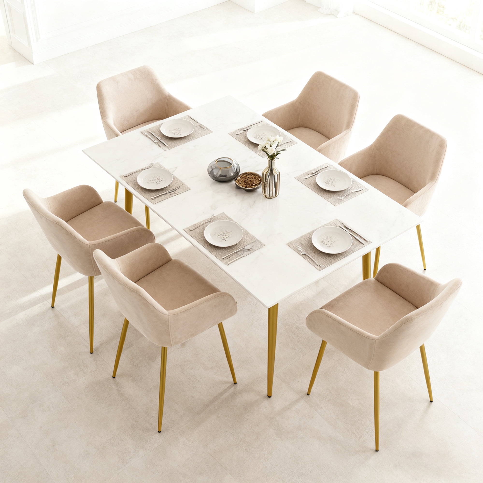 Velvet Dining Chair Set of 2, Modern Padded with Gold Metal Legs, for Dining Rooms Kitchens Vanity Tables Living Room, Easy Assembly, Beige