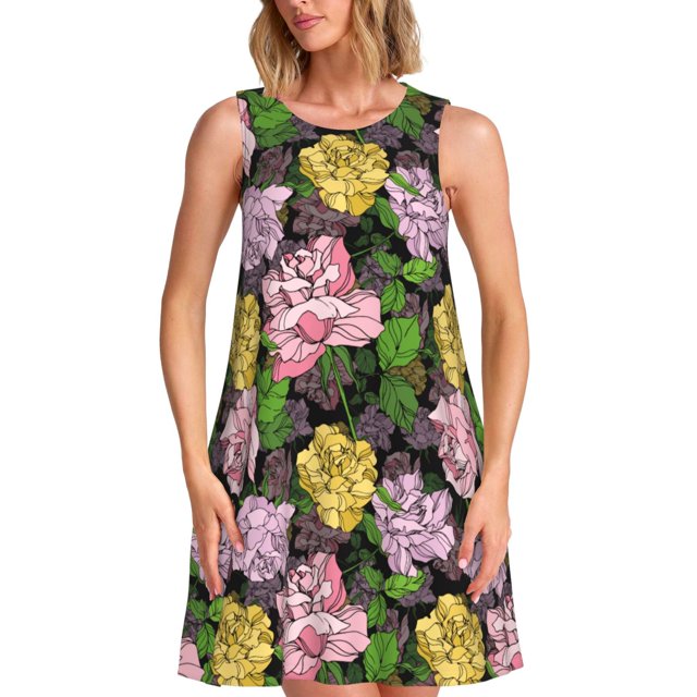 Disketp Colorful Roses para Vestido sin Mangas para Mujeres, Vestidos de Verano para Mujeres, Casual y Holgado para la Playa
