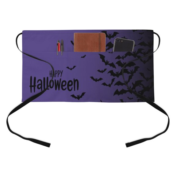 Waist Server Aprons, Halloween Aprons for Women with Pockets, Waitress Apron, Waiter Half Apron for Cooking Fall Horror Spooky Bats Gradient Black Purple