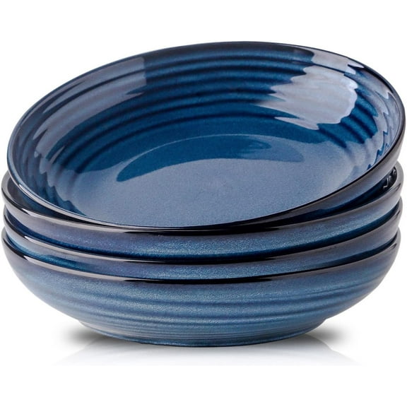 Hasense Ceramic Pasta Bowls Set of 4, 32 Ounce Salad Serving Bowls for Kitchen, 8.7 inch Large Shallow Bowls for Pasta Salad Dinner Soup, Microwave Dishwasher Safe, Blue