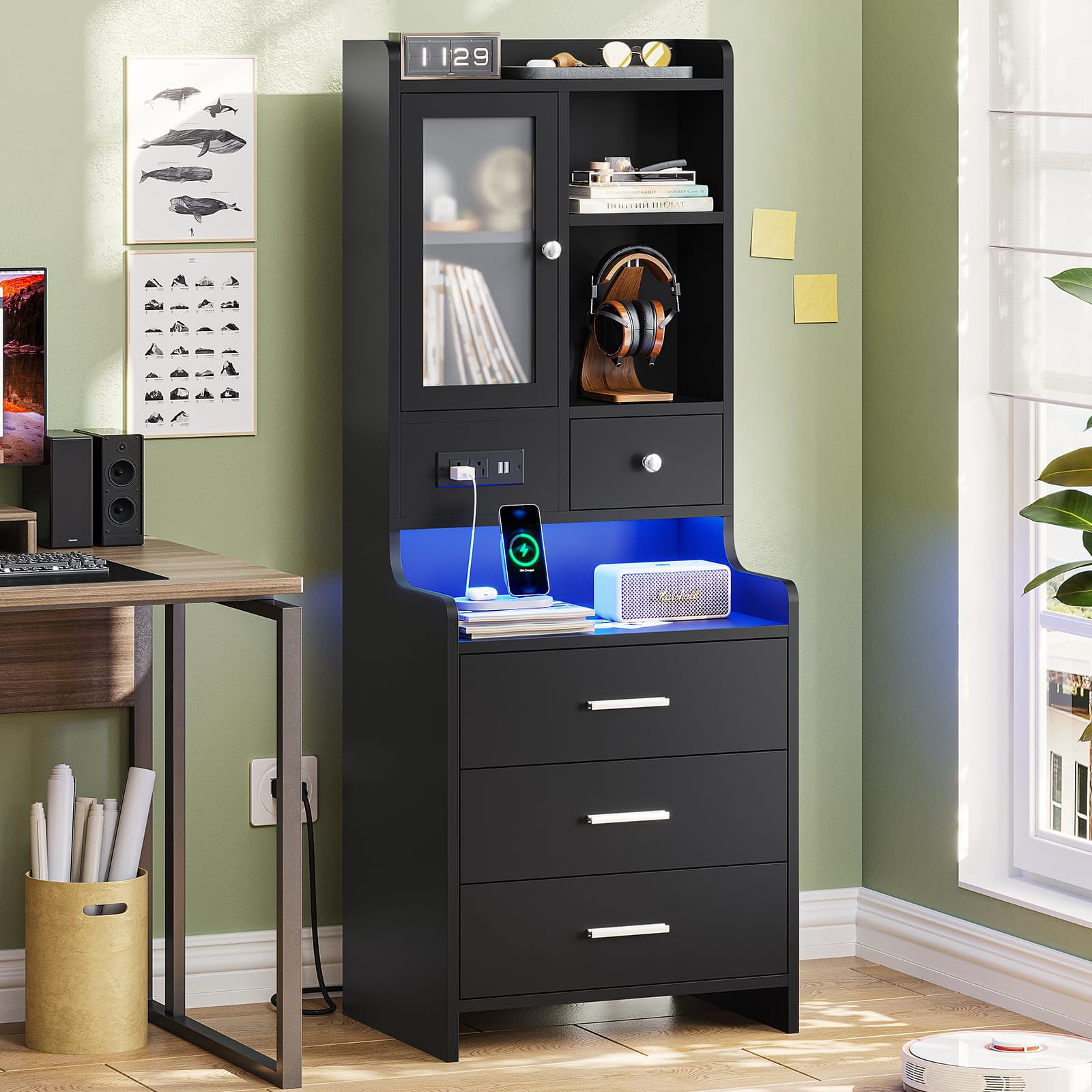 Tall Night Stand with Charging Station and LED Lights,49.2" Nightstand with Shelf and Glass Door, Bedside Table with Drawers,Black
