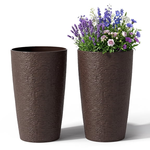 Costway 21 inch Tall Plastic Planters Set of 2, Round Tapered All Weather Flower Pots Brown