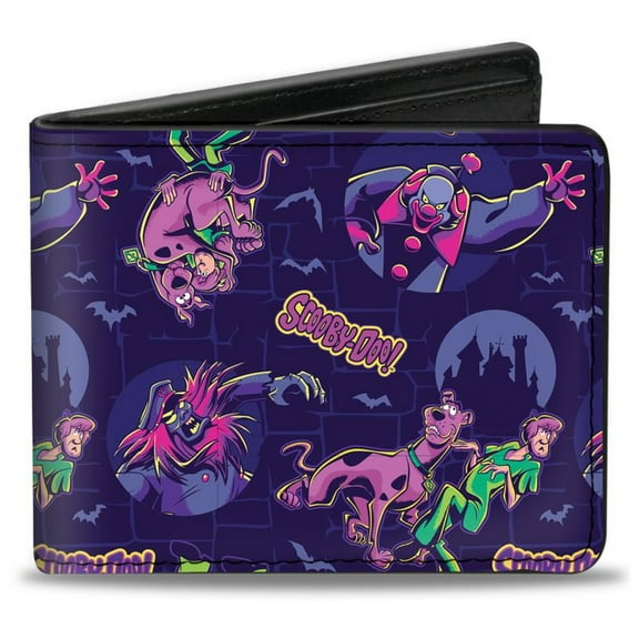 Scooby Doo Wallet, Bifold, Scooby Doo and Shaggy and Ghost Clown Poses Scattered Purples, Vegan Leather