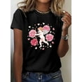 thumbnail image 1 of Women's Casual Crew Neck T-Shirt with Roses Cupid Print, Geometric-Pattern Short Sleeve Top for All Seasons, Summer & Spring Fashion, 1 of 6