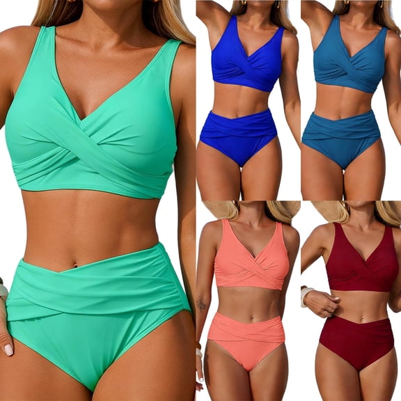 Bixock Bathing Suits for Women,Tankini Swimsuits for Women Solid Color V Neck 12 Piece Swimsuit with Chest Pad No Underwire Top and Bottom Set Swimsuits