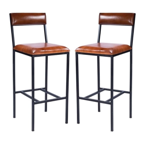 Home Square Leather & Metal Bar Stool in Brown - Set of 2