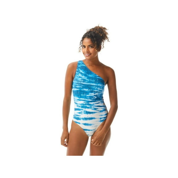 VINCE CAMUTO SWIM Women's Blue Tie Dye Stretch Lined Strappy-Side Moderate Coverage Cutout One Shoulder One Piece Swimsuit 10