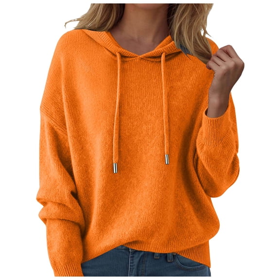 vigerkar Sweaters for Women Solid Color Hooded Sweater Lightweight Pullover Fall Winter Tops (Orange, L)