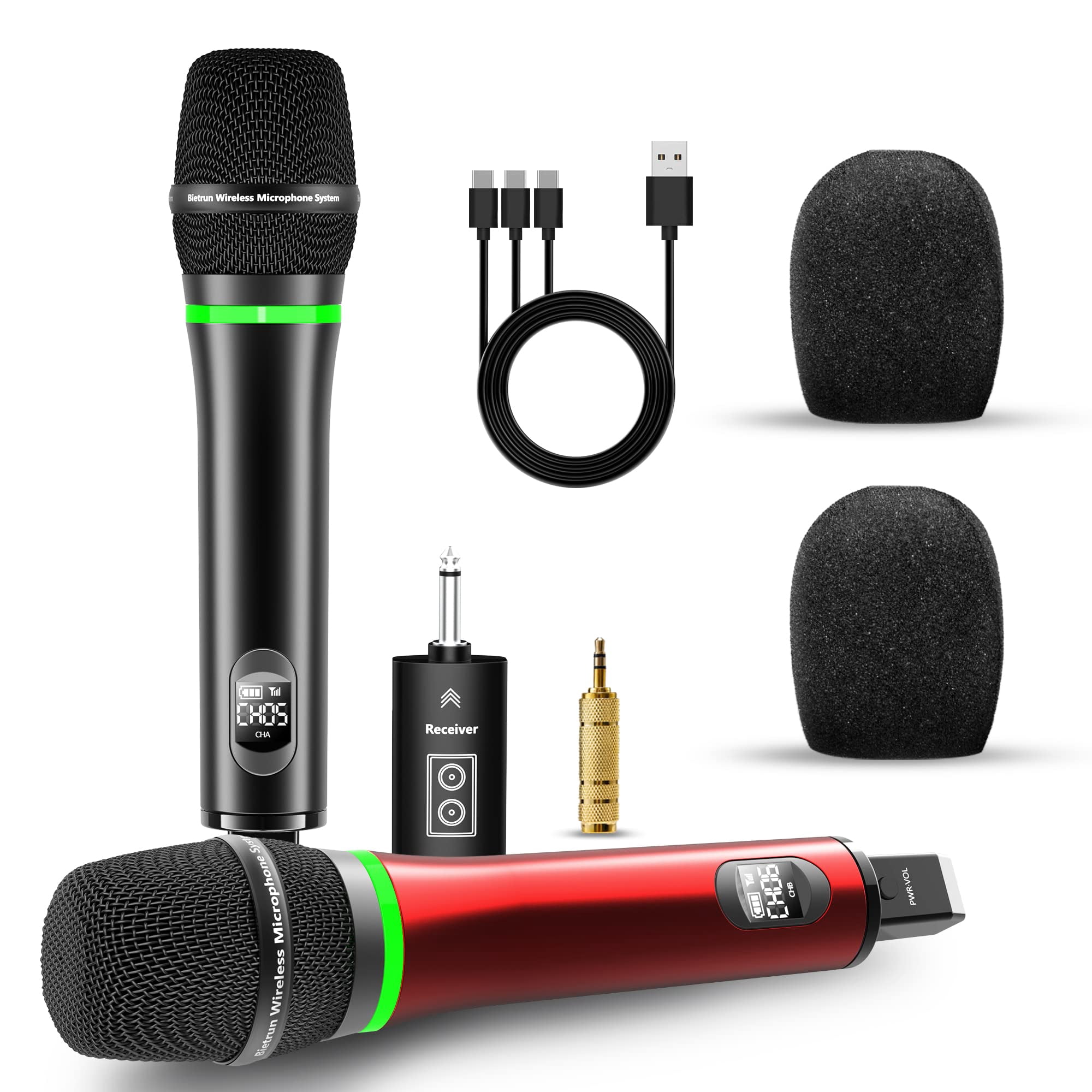 Bietrun Rechargeable Wireless Microphone, Dual Metal Cordless Handheld Dynamic Wireless Mics with 1/4'' Output for Karaoke, Meeting, Singing, Church, Wedding(UHF 240ft Range)(Receiver with Bluetooth)