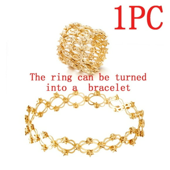 2 In 1 Magic Retractable Ring Bracelet Creative Stretchable Twist Folding Ring Crystal Rhinestone Bracelets Women Jewelry Gift(Gold star)