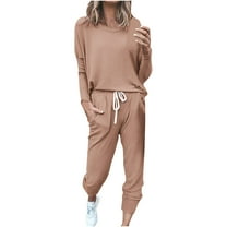 Diufon Womens 2 Piece Sets Crew Neck Long Sleeve Tops Solid Color Drawstring Pants with Pockets