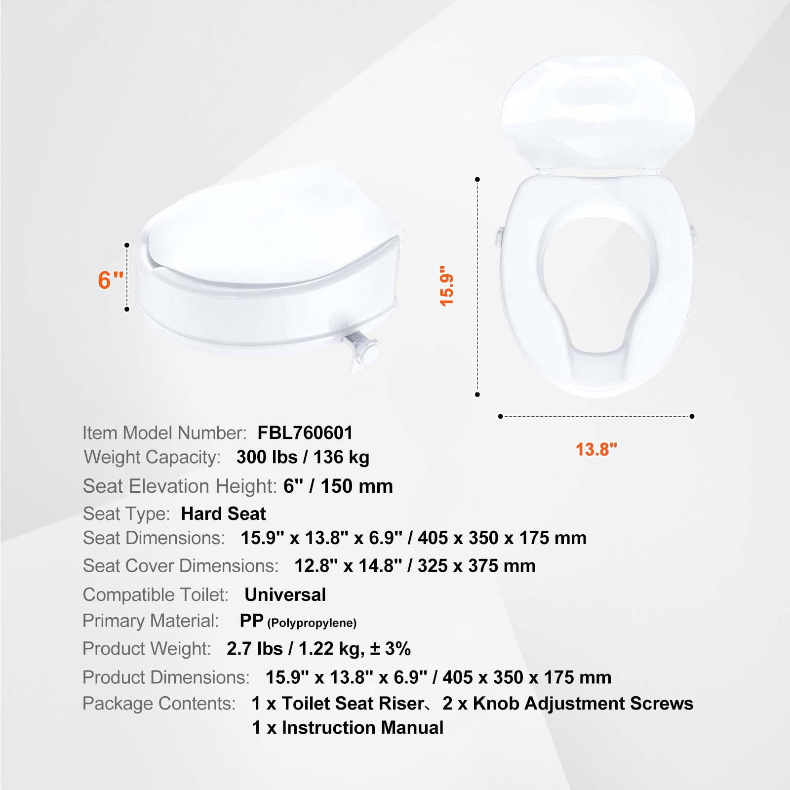 KFFKFF Raised Toilet Seat, Elevates 5" High, Supports up to 300 lbs, Universal Fit Toilet Seat Booster, Screw Rod Securing, Includes Toilet Seat, Ideal for Seniors, Disabled Individuals