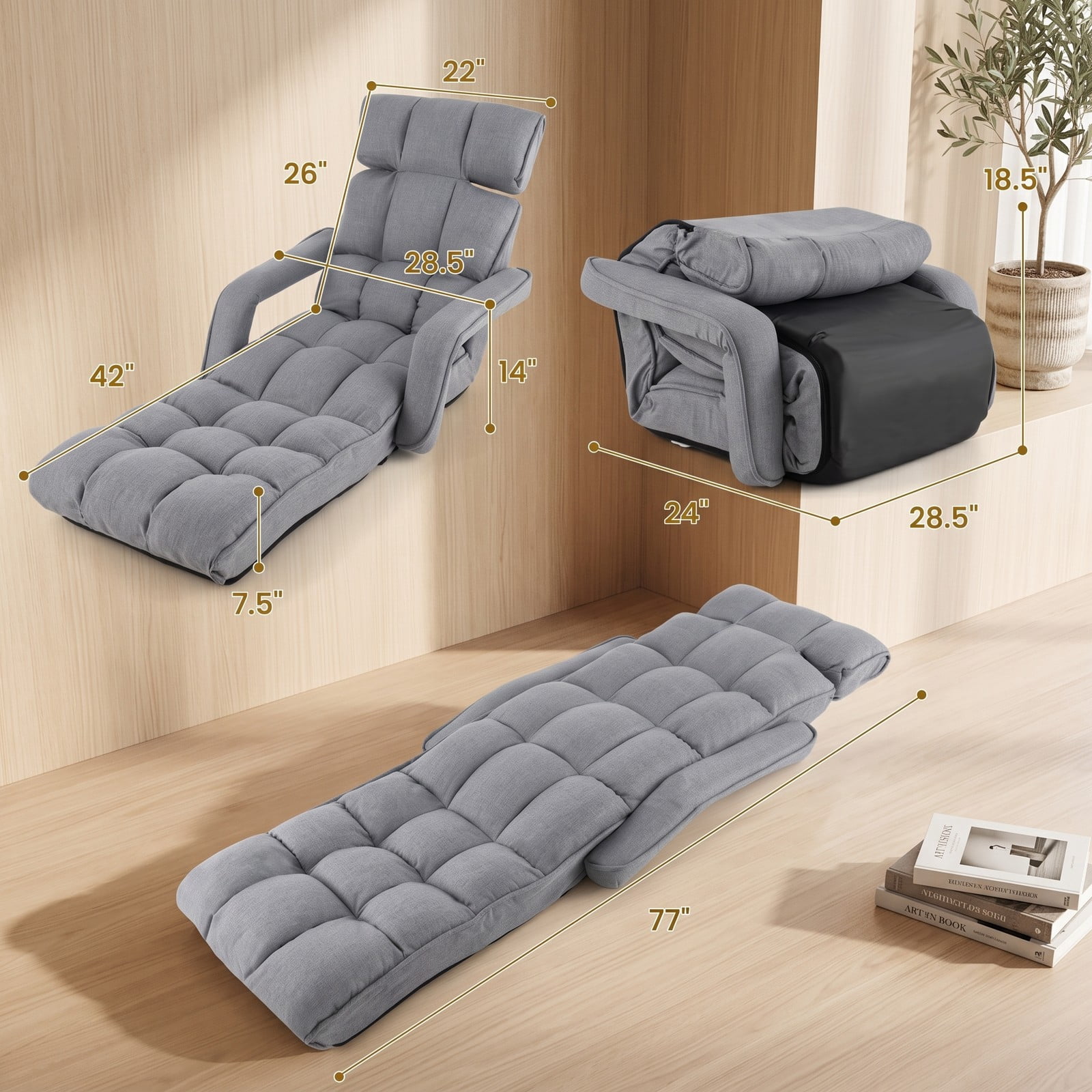Furnibear 6-Position Adjustable Floor Chair, Foldable Lazy Sofa Recliner with Adjustable Armrests and Footrest, Padded Gaming Floor Sofa Bed for Living Room, Gray