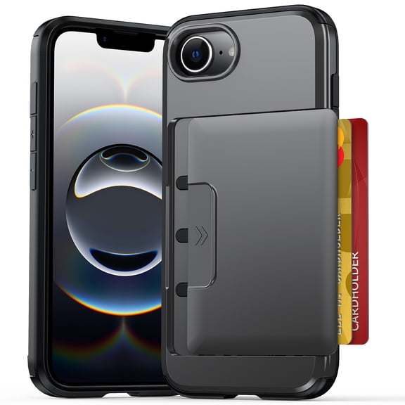 Mynvo Apple iPhone 16e/ iPhone 17e Wallet Case with Hidden Card Holder, Heavy Duty Protective Phone Cover, Slim Rugged Case with 12FT Drop Protection Sliding Door, Gray
