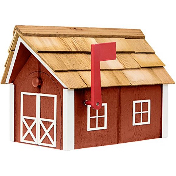 Amish-Made Deluxe Post Mount Wooden Mailbox with Cedar Shingles (Red with White Trim)