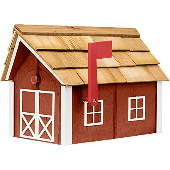 Amish-Made Deluxe Post Mount Wooden Mailbox with Cedar Shingles (Red with White Trim)