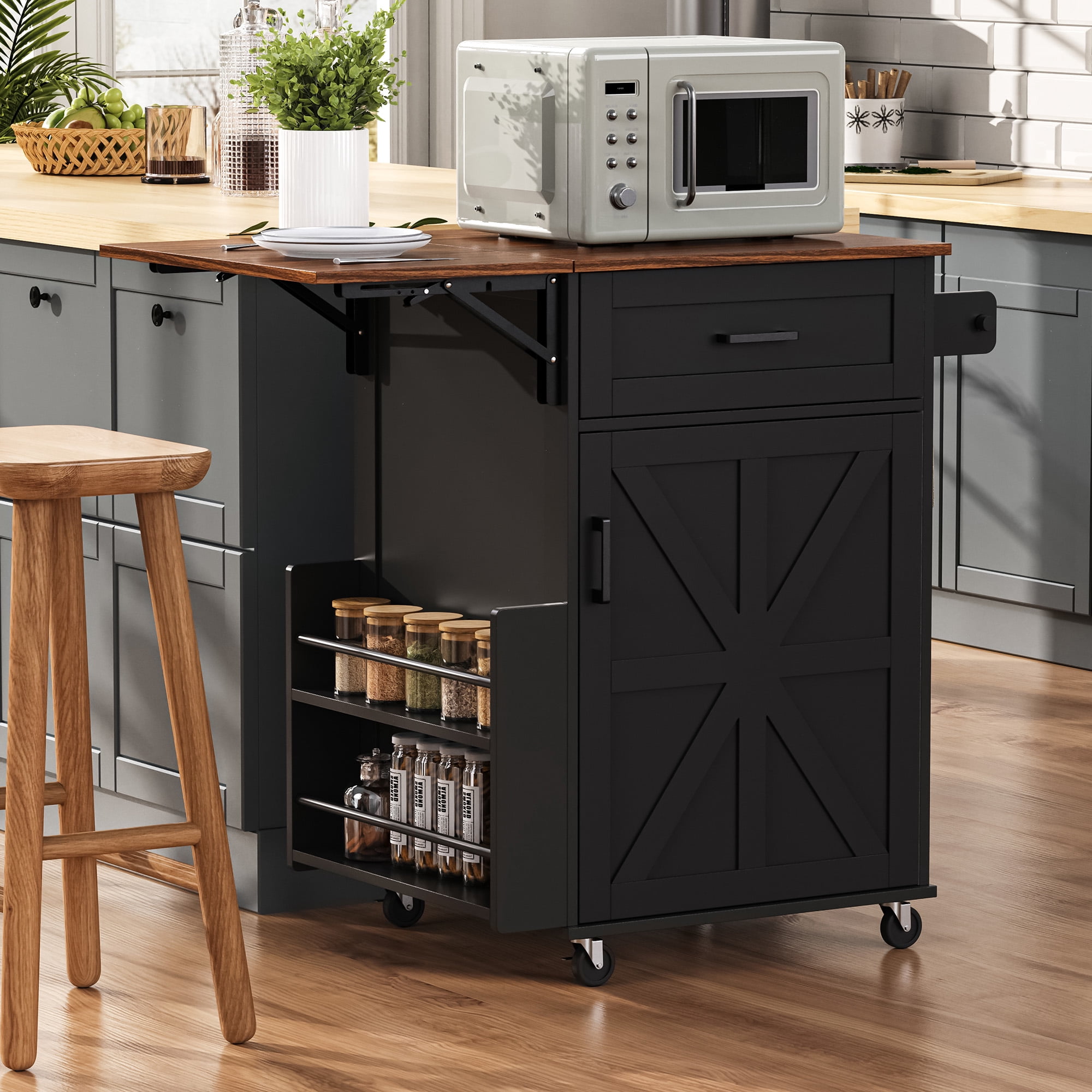 Aukfa 39" Rolling Kitchen Island with Drop Leaf, Mobile Kitchen Cart with Cabinet for Small Space, Black