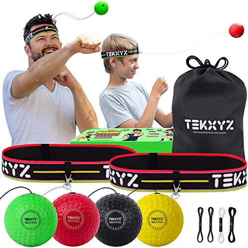 TEKXYZ Boxing Reflex Ball Family Pack | 2 Adjustable Headbands + 2 Novice Reflex Balls + 1 Veteran Reflex Ball + 1 Boxer Reflex Ball and More