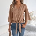 thumbnail image 5 of MaFYtyTPR Women's V-Neck 3/4 Sleeve Blouse Fashion Solid Color Tie Front Burtton Loose Fit Casual Summer Tops A-Khaki XL, 5 of 5
