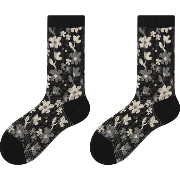 Huowey Women's Crew Socks Retro Flower Casual Socks Breathable Stretchy Comfort Fall Warm Daily Wear Socks,Black