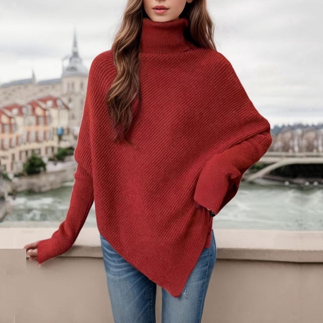 Suéter de cuello alto para mujer, camisa irregular de cuello alto sin botones, blusa de punto tipo chal para mujer