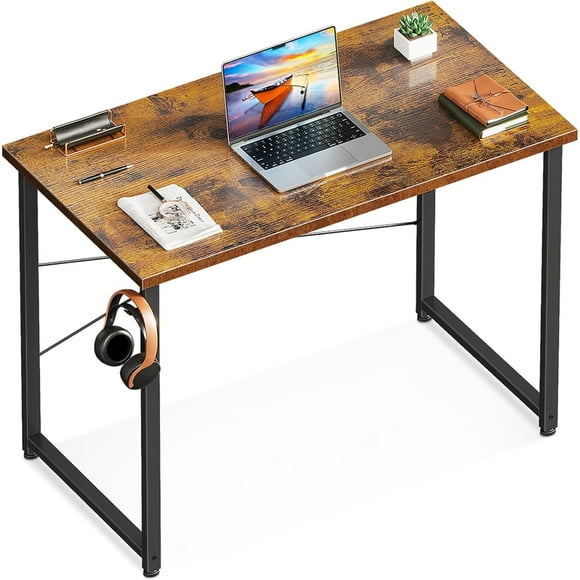 32 Inch Small Computer Desk for Home Office, Study Writing Table for Small Spaces, Simple Modern Desk with Headphone Hooks, Rustic Brown