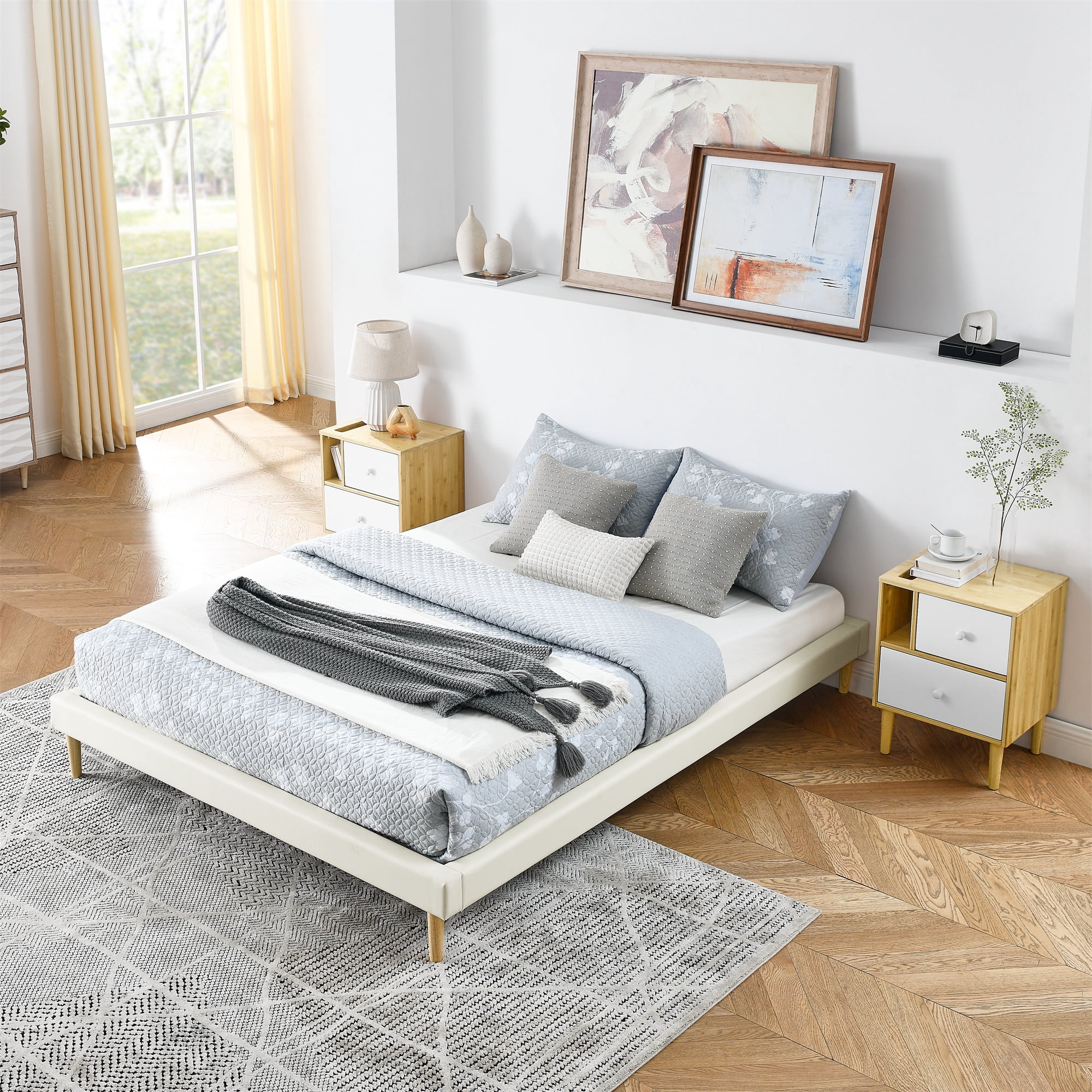 Headboard-Free Queen Platform Bed Frame with Solid Wood Slat Support, Waterproof Faux Leather Bed Base Fits 8-14 Inch Mattress, Easy 30-Min Assembly No Box Spring Required